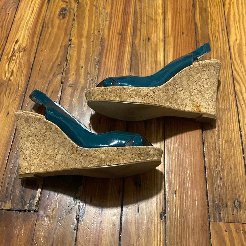 Marc Fisher Patent Deep Green/Teal Cork Wedge Slingback sandals. Size 8.